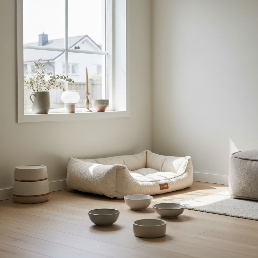 Heller Wohnraum mit Liegeplatz und Keramiknapf